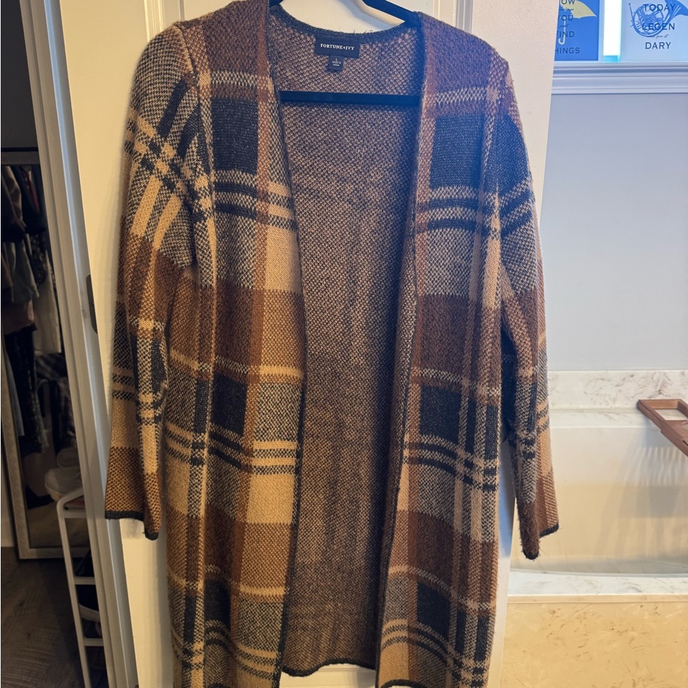 Brown Plaid Open-Front Cardigan